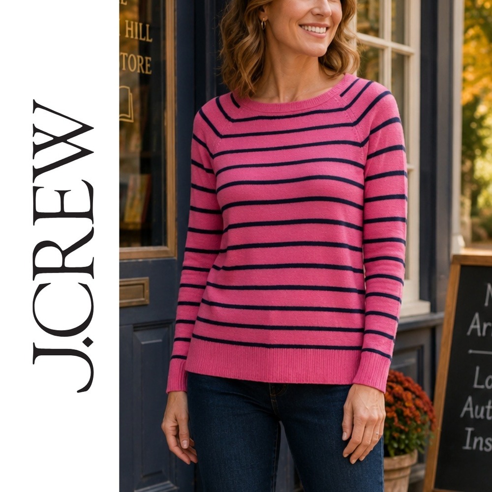 J.Crew, 100% Cashmere Pink Navy Blue Striped Raglan Sweater Size Small